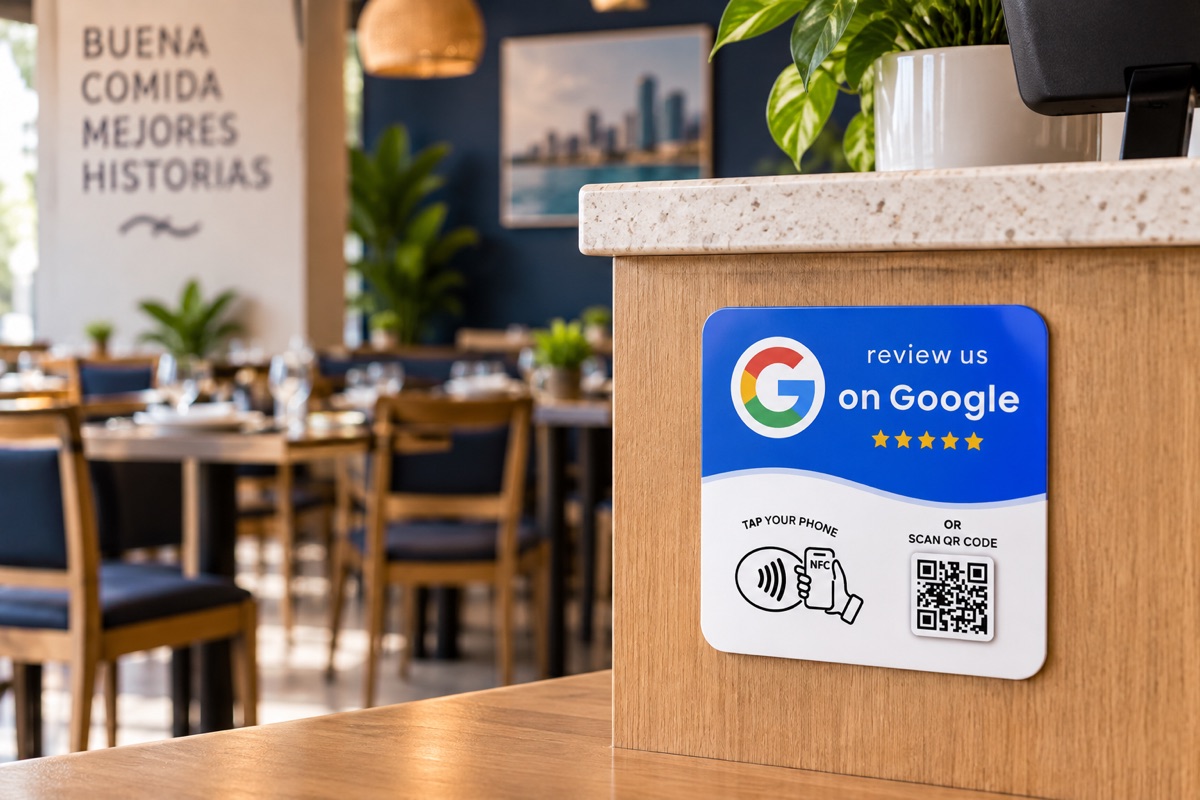Placa adhesiva cuadrada con NFC y QR para reseñas en restaurantes