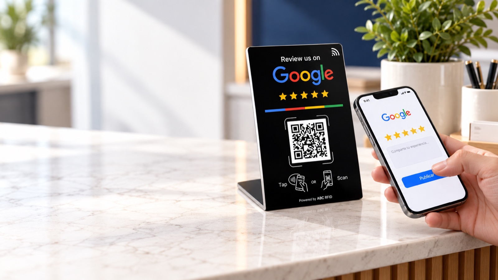 Soporte Opina.go junto a un teléfono mostrando reseñas de Google