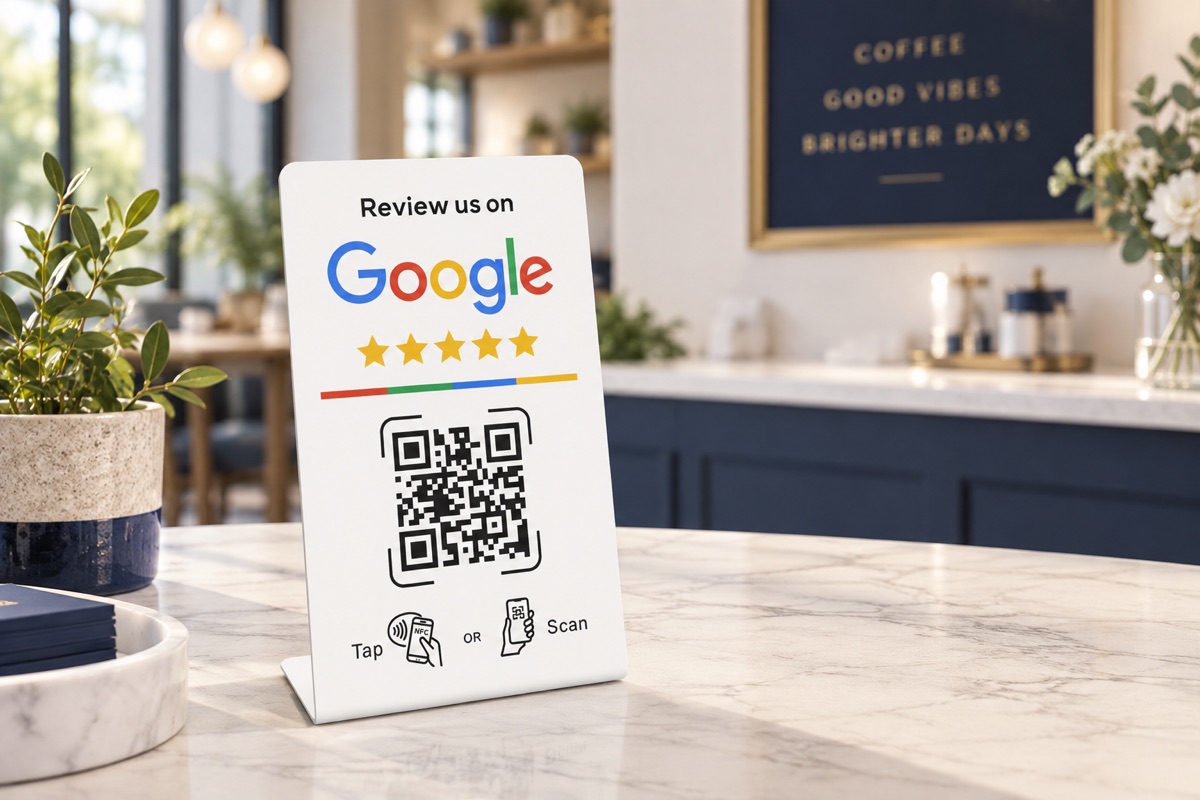Soporte blanco de mesa con NFC y QR para reseñas de Google